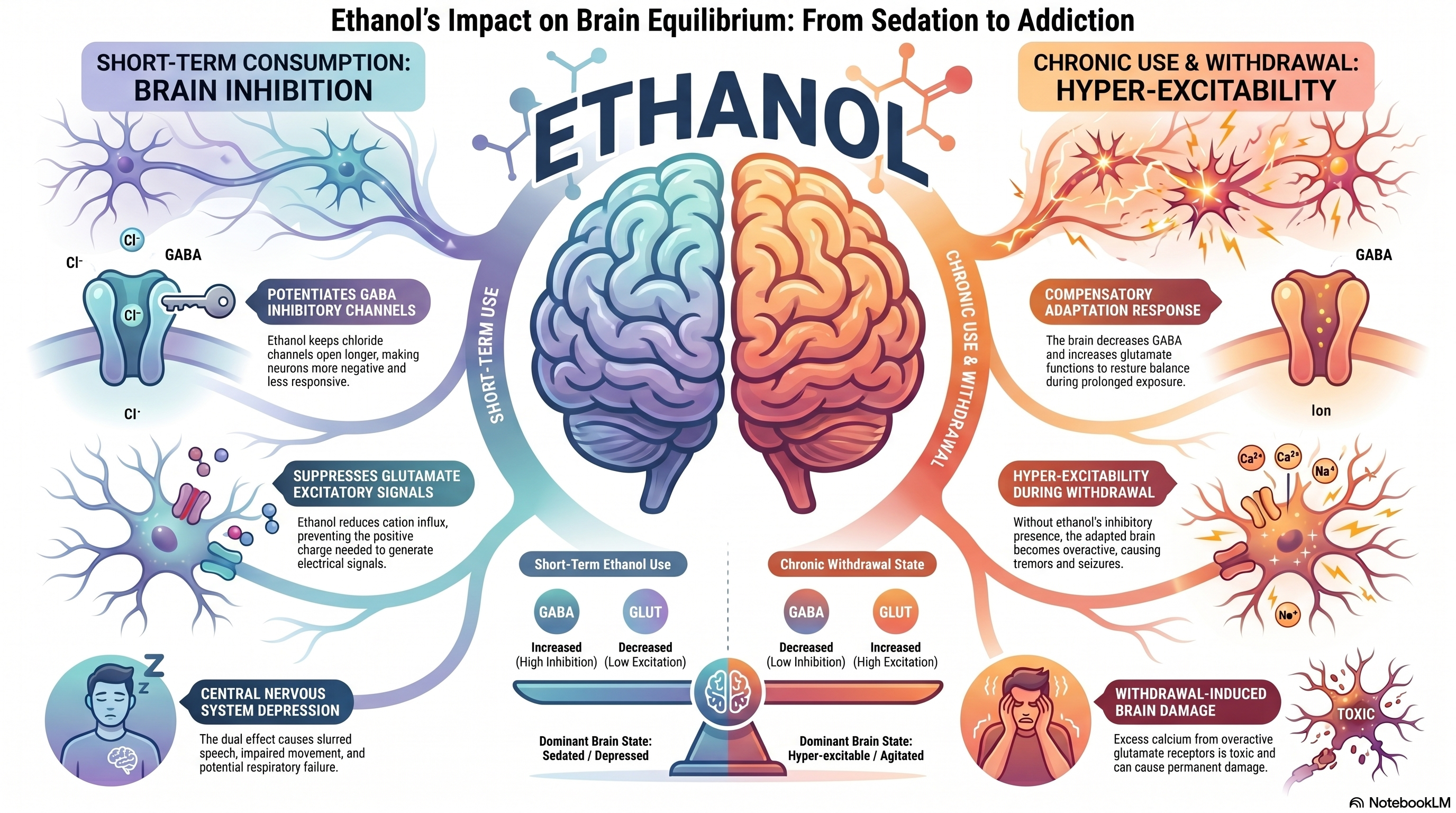 Ethanol's impact on brain equilibrium: from sedation to addiction